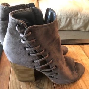 Grey faux suede zip booties with lacing detail
